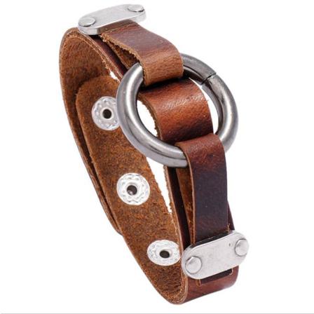 Brunt Armband För Män Äkta Läder Med Ring I Metall Slitstarkt Brun One Size
