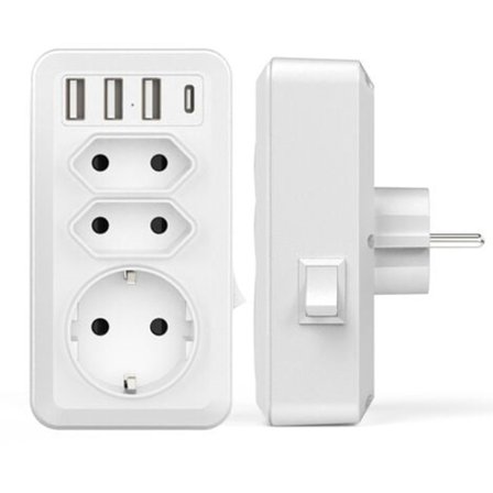 USB-strømadapter med stikkontakt, USB-vægstik med 3 AC-stik (16A, 4000W), 3 USB-porte, 1 Type-C-port, til hjemmet, kontoret og rejser