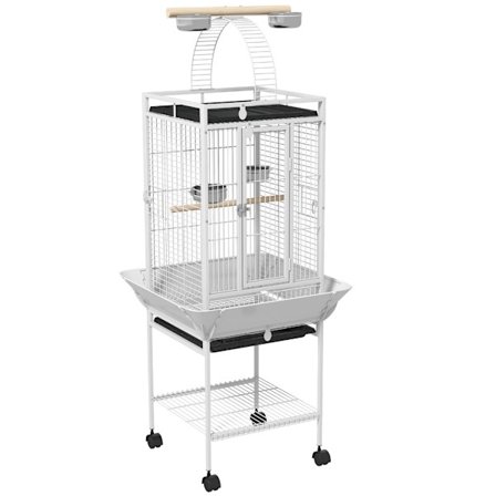 Papegøjebur med 3 døre, 2 siddepinde, hjul, hvid