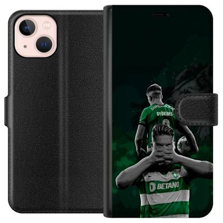 Yhteensopiva Lompakkokotelo Apple iPhone 13 Neonmotiivi, jossa teksti "Gaming is in my DNA" sinisenä ja punaisena tiiliseinällä, jossa loistava DNA-sp