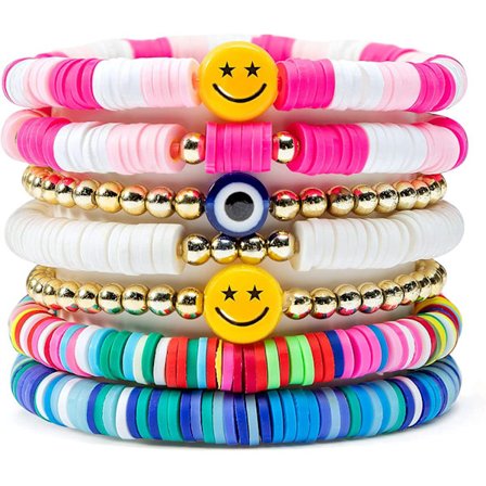 7 st Heishi Surfer Armband Set Färgglada Preppy Happy Smile, ZQKLA