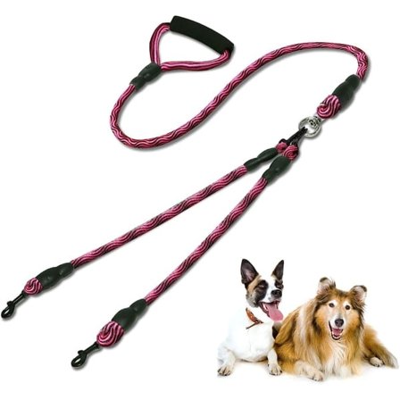 CDQ Hundkoppel med två linor, dubbelt hundkoppel, löstagbart trasselfritt skydd rose Red