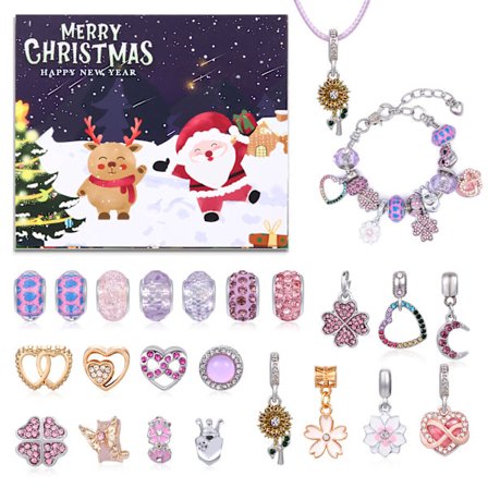 Juladventskalender 2024 kompatibel Flickor - 24 dagar Julnedräkning Adventskalender Armband Halsband DIY Tillverkningskit Berlocker Julöverraskning Gi