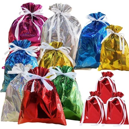 12-pak ensfarvede gaveposer i folie, multipak med gaveposer med lynlås, 6 farver skinnende gaveposer, genanvendelig jumbopose til julen