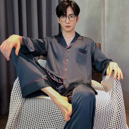 Herre Pyjamas 2 Sett Vår og Høst Modeller Av Is Silke Langærmet Pyjamas Hjemmeklær Ny Sommer Herre Tynn Silkeslitasje Blå XL(60-70kg)