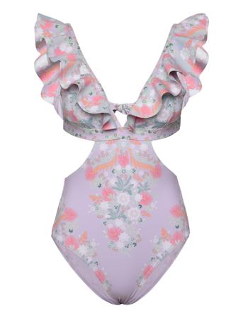 Delia Cut Out Frill Printed Swimsuit Badedrakt Badetøy Lilla By Malina*Betinget Tilbud