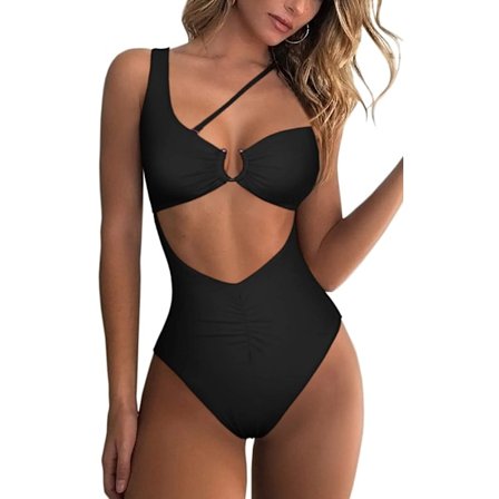 Dam one shoulder utskuren rynkad bakre hög skuren monokini one piece baddräkt, svart, M