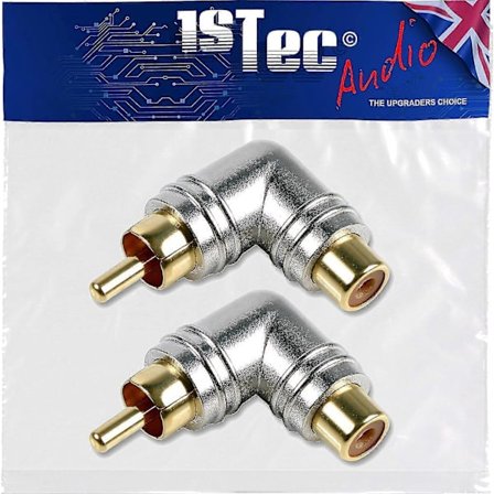 Pari 90 asteen kullattuja RCA-liittimiä, joissa on kulmikas muoto L+R-stereo- tai AV-videokaapeleiden kulman muuttamiseen, uros-naaras