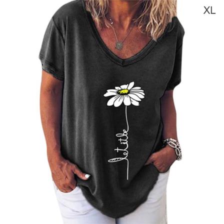 Kvinnor T-shirt V-hals Blomma Utskrift Top Kortärmad Lös