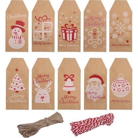 100 stk. Julegavemærker - Brunt Kraftpapir Glædelig Jul Etiketter Med Snøresnor