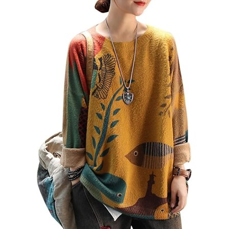 Dame Langærmede Jumpers Oversized Grafisk Strik Sweater Crew Neck Løs Vintage Pullover Sweater Toppe