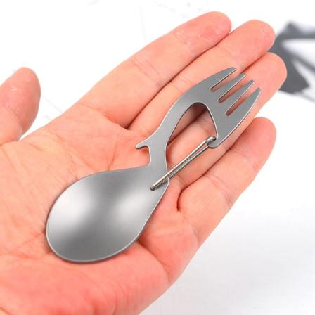 3 i 1 rustfritt stål titan camping servise Gaffel skjeer flaskeåpner Titanium natural color