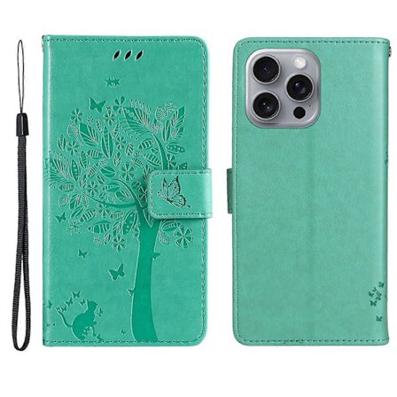 För iPhone 16 Pro Max Skal Skyddande PU Läder Telefonfodral Katt Träd Mönster