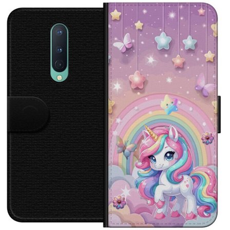 Kompatibel Tegnebogsetui til OnePlus 8 Magisk enhjørning med regnbue manke, stjerner og sommerfugle mod en pastelfarvet himmel med skyer