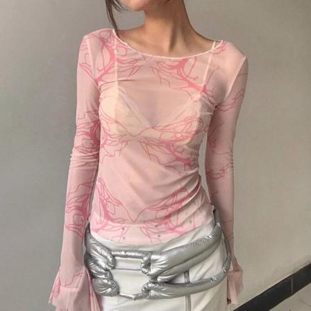Tie Dye Mesh Toppe Langærmet Grafisk Print Se Through T-shirt Pink M
