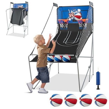 Sammenfoldelig Basketball Kurv COSTWAY Arcade Spil 2 Kurve 4 Bolde Pumpe til Oppustning, Point System, 8 Tilstande, 1 til 4 Spillere, Blå