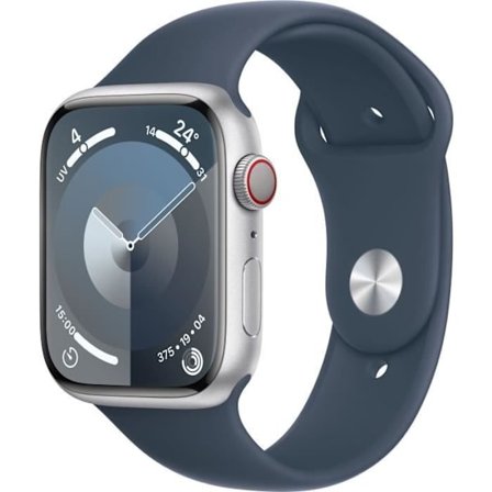 Apple Watch Series 9 GPS + Cellular - 45 mm - Silver aluminiumfodral - Storm Blue Sport Band - S/M