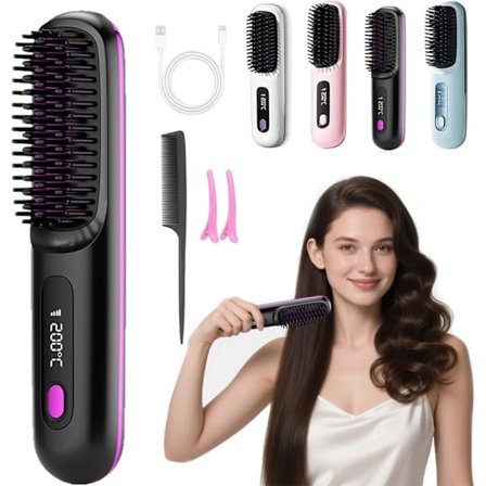 Oppvarmet børste, 2025 Mini varmebørste for kort hår, trådløs rettetangbørste med 3 varmeinnstillinger, LED-skjerm, USB-lading for hårstyling