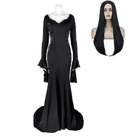 Keskiviikko Morticia Addams Cosplay Puku Seksikäs Musta Mekko Naisille Halloween Karnevaali Juhlapuku-r (XS Peruukilla)[JUN]