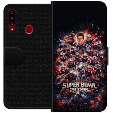 Yhteensopiva Lompakkokotelo Samsung Galaxy A20s Super Bowl 2026 juliste, jossa New England Patriots ja NFL-mestaruuspalkinto räjähtävän urheilullisess