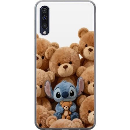 Kompatibelt Mobilskal till Samsung Samsung Galaxy A50 Söt och trygg illustration med Stitch omgiven av nallebjörnar som skapar en varm och lekfull k