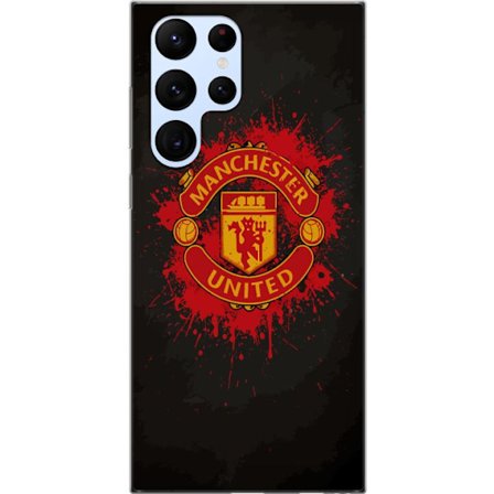 Kompatibelt Mobildeksel til Samsung Samsung Galaxy S22 Ultra 5G Manchester United logo i rød og gul farge med røff sportslig bakgrunn