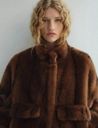Mango Faux-Fur Jacket With Pockets - Brown - L