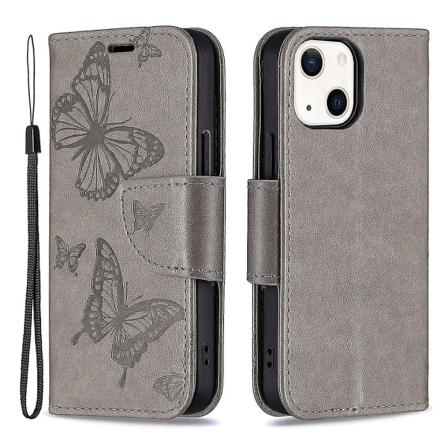 Imprint Butterfly Magnetisk stängning Läderställ Plånbok Case Fodral med rem för Iphone 13 Mini 5,4 tum - lila Grey