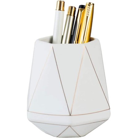 Keramisk skrivebords-penneholderstativ med gulllinje, blyantkopp, potte, skrivebordsorganisering, sminkepenselholder