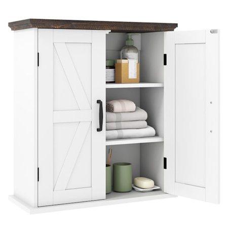 COSTWAY Vægmøbel Badeværelse med 2 Døre, Justerbare Hylder, Landstil, til Køkken, Vaskerum, Entré, Hvid