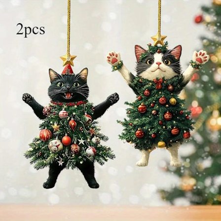 Katt Akryl Julepynt, Katte Treet Hengende Juledekorasjon, Bedårende Katt Kledd som et Juletre