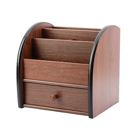 Fjernbetjening Opbevaringsarrangør med Skuffe Træ Kontor Stationery Organizer Penneholder Daglig Arrangerør