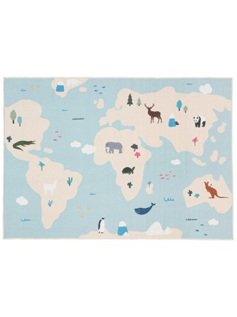 World Map Kinderteppich Waschbar 160X230 Hellblau/Beige Tier Baumwollteppich