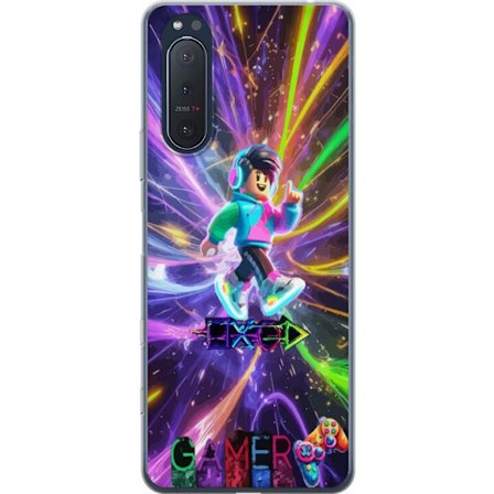Kompatibelt Mobilskal till Sony Sony Xperia 5 II Energifylld gamingillustration med blockliknande figur, neonfärger, ljuseffekter och rörelse i futu