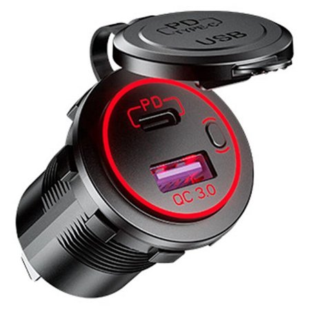 6X USB PD Type C & QC 3.0 Bil-lader 12V Strømuttak med Av/På-bryter for Motorsykkel RV ATV, Rød