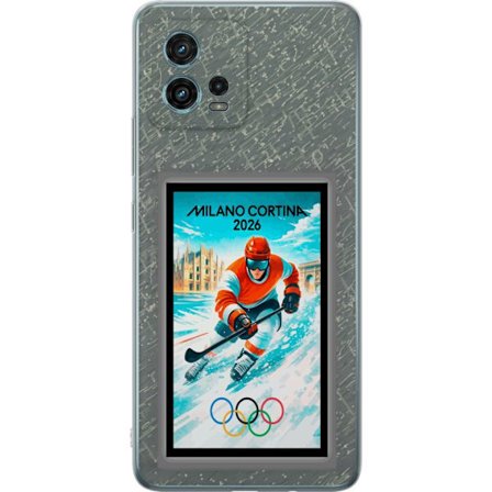 Yhteensopiva Puhelinkuori Motorola Moto G72 Curlingkuvitus pelaajilla ja kivillä jäällä, Milano Cortina 2026, lumisia roiskeita ja olympiasormukset