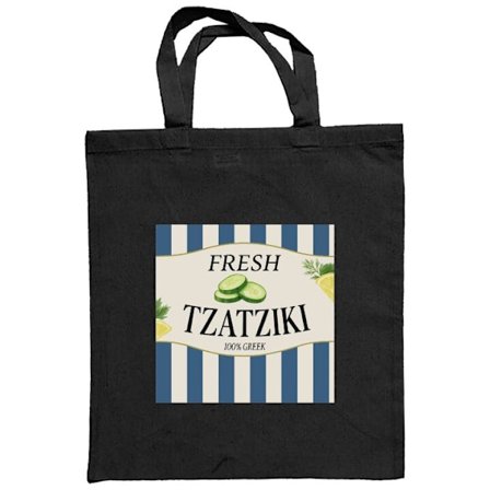 Stoffpose Tzatziki Gresk Matplakat Agurk Yoghurt Dip Blå og Hvit Striper Kjøkken Dekor Retro Illustrasjon Kjøkken