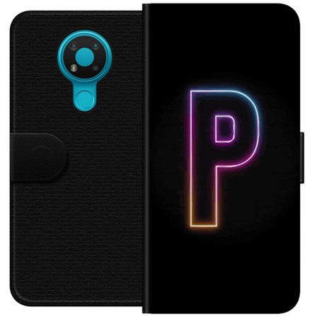 Kompatibel Tegnebogsetui til Nokia Nokia 3.4 Minimalistisk neonbogstav P i farvegradient og lyseffekt mod sort baggrund i digital neonstil