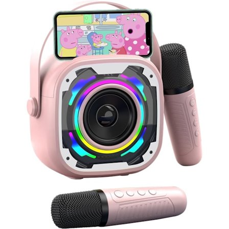 Mini Karaoke-maskin för barn, Bluetooth-högtalare med 2 mikrofoner, Barnpresenter (rosa)