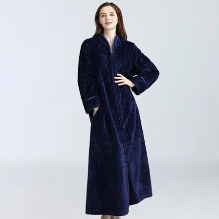 Morgenkåbe med lynlås til kvinder Flanell fleece morgenkåber Vinter varm husfrakke Natkjole Marineblå Navy Blue XL