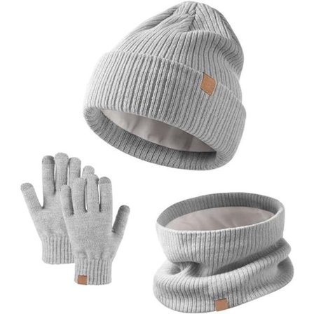 ING 3-delt vintersett for barn med lue, skjerf og hansker, varme strikkede luer, skjerf og berøringsskjermhansker, mykt fleecefôr med strikk, 5-12 år,