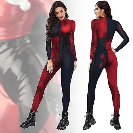 Dam Harley Quinn Halloween Party Cosplay Kostym Jumpsuit Elastisk Body