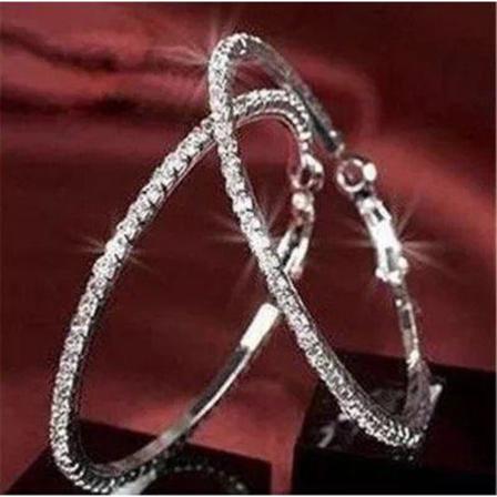 Glittrande Silver Örhängen - Hoop Med Strass / Vita Rhinestones Silver