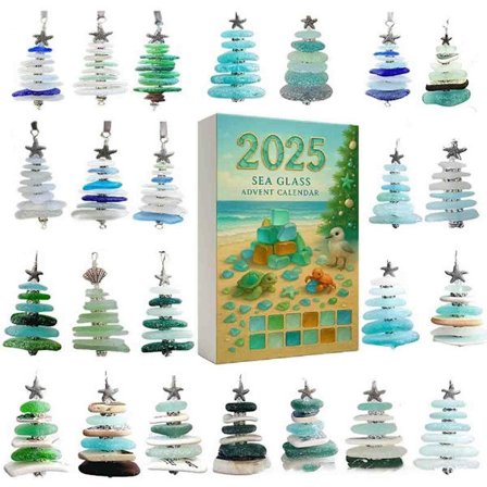 Julekalender med sjøglass juletre, 24 dager med nedtelling til jul med 24 miniatyr juletrepynt, høytid med havtema