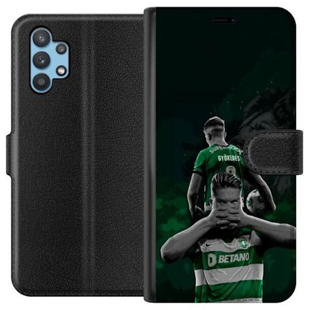 Kompatibel Tegnebogsetui til Samsung Galaxy A32 5G Neonmotiv med teksten "Gaming er i mit DNA" på en blå og rød murvæg med en lysende DNA-spiral.