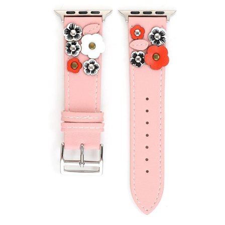 Apple Watch Series 5 44mm klockarmband i äkta läder med blomsterdekor - Rosa