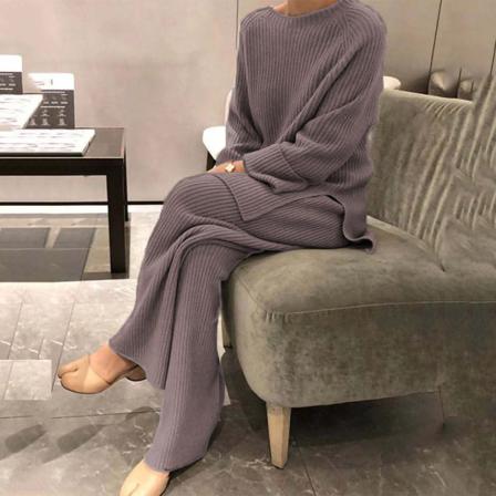 Dam Casual Långärmad Stickad Set Sidoslits Tvådelad Outfit