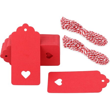 100 Röda Presentetiketter 4,5 x 9,5 cm Kraftpapper Etiketter, 300 g/m² Presentetiketter Hjärta med Snöre för Bröllopspresenter för Hantverk Röd Röd