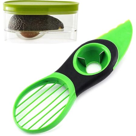 3-i-1 avokadoskärare, avokadoskärare, 3-i-1 avokadoredskap, avokadoskärare och förvaringsbehållare för avokado, grön