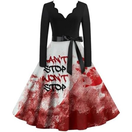 BTBDYDH Halloween Klänning Retro Långärmad V-ringad Klänning Utsvängd Vintage Hepburn Klänningar Pumpa Fladdermus Häxa Tryckt Cosplay Party Kostym 